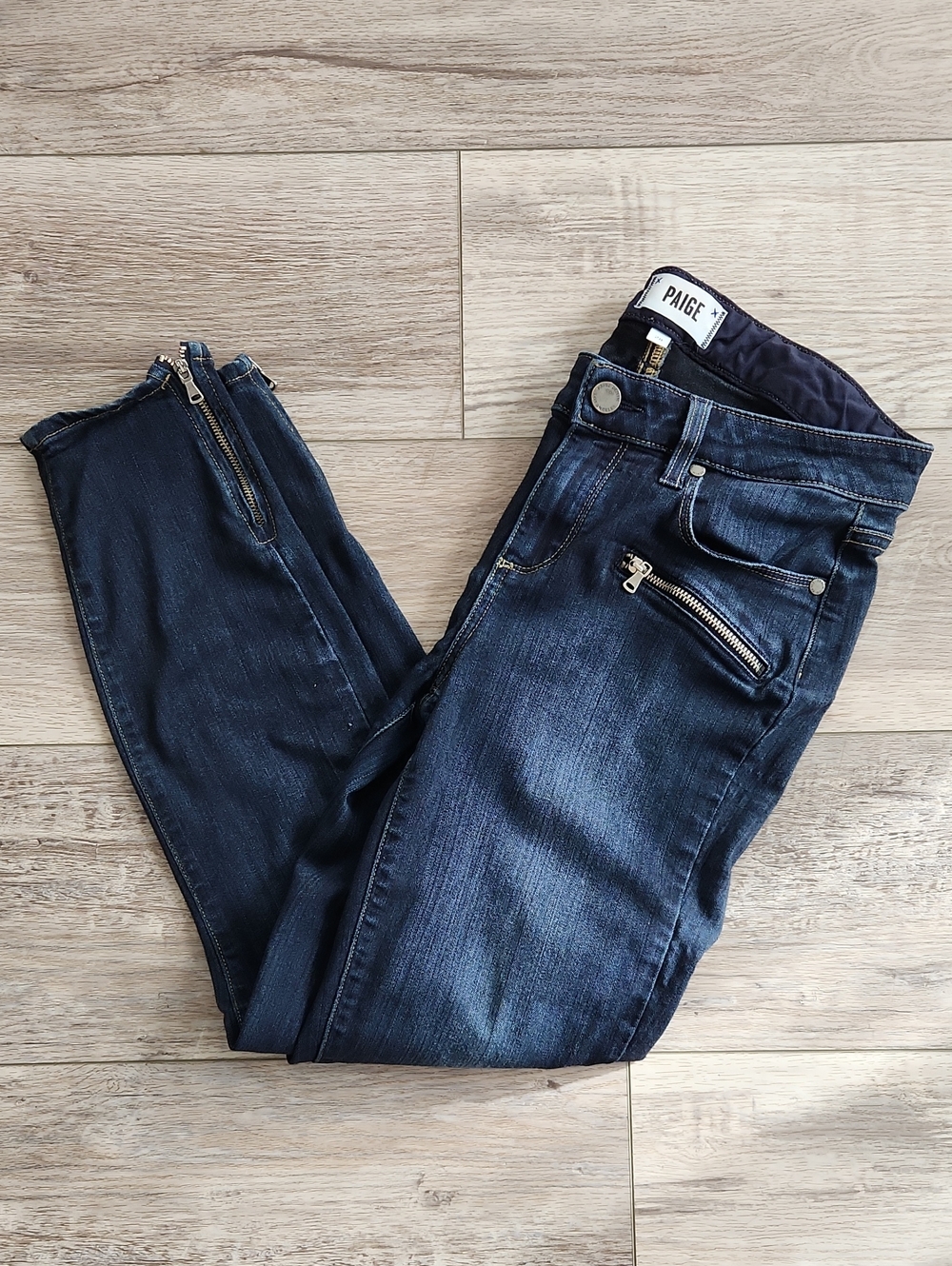 PAIGE Navy Indigo Skinny Jeans with Zipper Accents